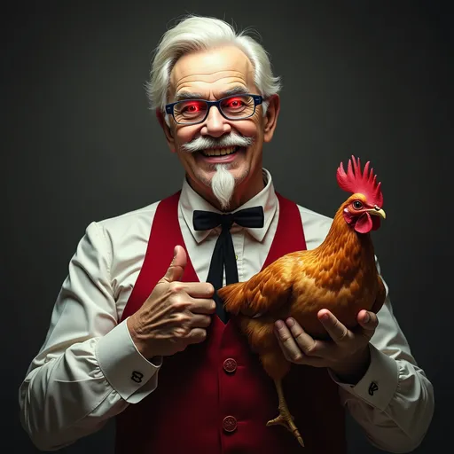 Prompt: Evil looking Colonel Sanders with red eyes holding chicken 