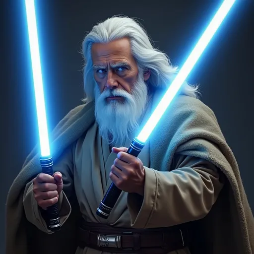 Prompt: Jedi with long white hair and beard dual wielding 2 blue light sabres
