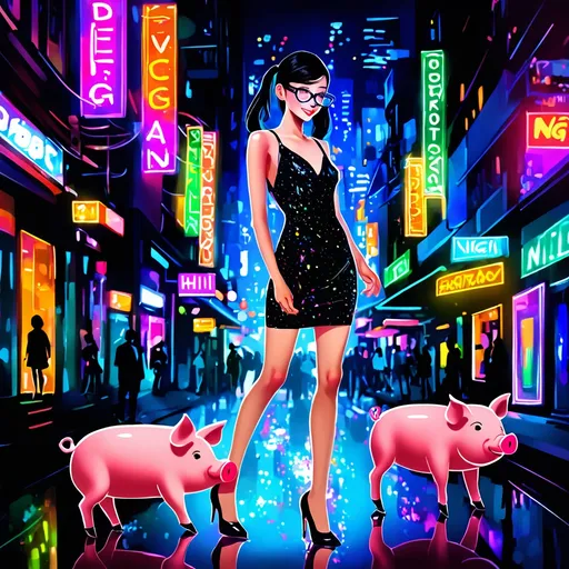 Prompt: (tall skinny Vietnamese transgender girl), glowing in the vibrant (Sydney city streets at night), illuminated by sparkling neon lights, wearing a (black skimpy dress) and (high heels), with (niii pig tails) and (glasses), adding a playful elegance. Urban background highlighted with shimmering reflections, creating a lively and inviting atmosphere, under a cool tone with lively colors. High-quality, ultra-detailed, capturing the essence of the night.