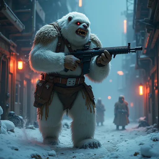 Prompt: Imagine a fearsome Wampa, towering in stature, draped in rugged and tattered bounty hunter attire made of weathered leather and fur, reflecting both its icy home and its dangerous profession. The scene unfolds in a dimly lit, abandoned spaceport, illuminated by flickering neon lights casting an otherworldly glow against the stark surfaces of metal and snow. Snowflakes dance in the air as the wintry breeze howls eerily, swirling around the Wampa, accentuating its menacing figure. Its fierce eyes are locked on a distant target, while a menacing grin reveals sharp teeth, embodying the thrill of the hunt. Dagger-like claws clutch a blaster rifle, poised and ready, blending the savage elegance of the wild with the ruthless tenacity of a bounty hunter. The atmosphere has a gritty, cinematic quality, enhancing the tension and intensity of this icy predator's mission.