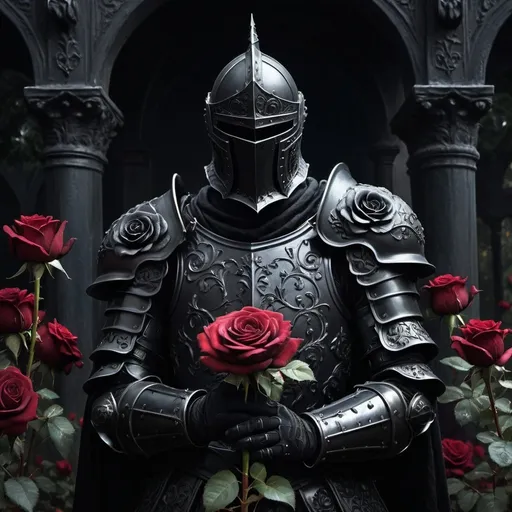 Prompt: Black Knight holding black rose in black rose garden, oil painting, detailed armor with intricate engravings, haunting atmosphere, high contrast lighting, dark and ominous, gothic, high resolution, moody, dramatic lighting, detailed rose petals, professional, black tones, atmospheric lighting