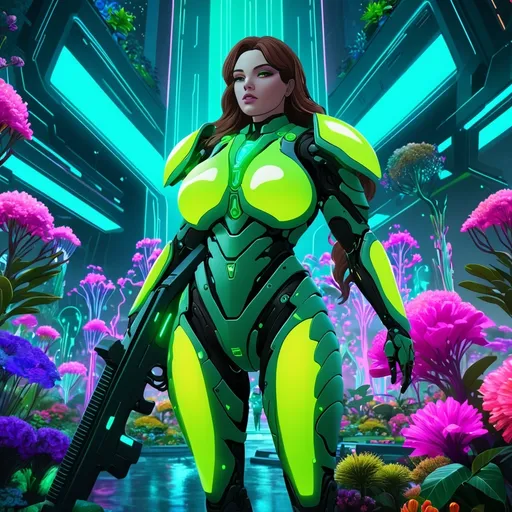 Prompt: (Giant transgender woman), brown hair, (brown eyes), wearing green body armour, carrying futuristic rifle, futuristic garden setting, neon colors, glowing flowers, bioluminescent plants, vibrant color tones, otherworldly atmosphere, ultramodern architecture in the background, digital rendering, ultra-detailed, 4K, high depth cinematic masterpiece