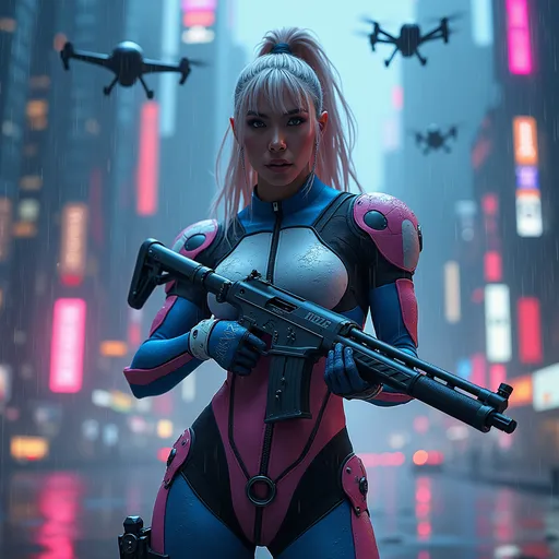 Prompt: Envision a formidable transgender woman, a futuristic bounty hunter, standing poised against a sprawling cyberpunk cityscape. Illuminated by the neon glow of towering skyscrapers, her body armor, painted in vibrant transgender colors of blue, pink, and white, glistens under the synthetic rain that drizzles softly from the darkened sky. In her hands, she grips a sleek, futuristic shotgun, its contours reflecting the myriad lights around her. Her expression is fierce yet resolute, a testament to her strength and determination. Wisps of steam rise from the ground as drones buzz in the background, adding to the atmosphere of anticipation. The scene captures a blend of empowerment and defiance, rendered in a cinematic style with dynamic lighting that highlights her presence against the pulsating energy of the city.