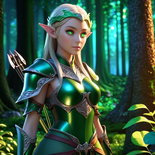 Prompt: Female elf in green armor with crossbow, fantasy 3D rendering, detailed elven features, enchanted forest setting, high quality, fantasy, detailed armor, elegant, mystical lighting, vibrant colors, professional 3D rendering, detailed hair and eyes, enchanted atmosphere, mystical, highres, fantasy, elven, detailed armor, forest setting, detailed eyes, professional, vibrant colors, atmospheric lighting