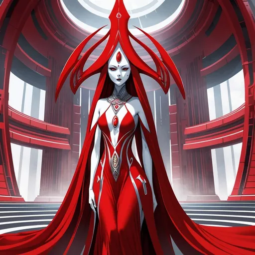 Prompt: Giant high priestess wearing elaborate red head dress and flowing red robes with white skin and red eyes inside futuristic temple 