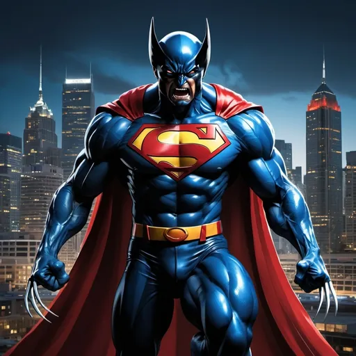 Prompt: (Wolverine Superman mashup), merging iconic elements of both superheroes, featuring Wolverine’s claws and Superman’s suit with cape, highly dramatic and vibrant colors, detailed comic book style, intense and powerful energy, dark blue and red color scheme, strong shadows and highlighting, dynamic posing, cityscape background at night with skyscrapers, hyper-detailed textures and reflections, extremely high quality, UHD 8K, illustrated masterpiece