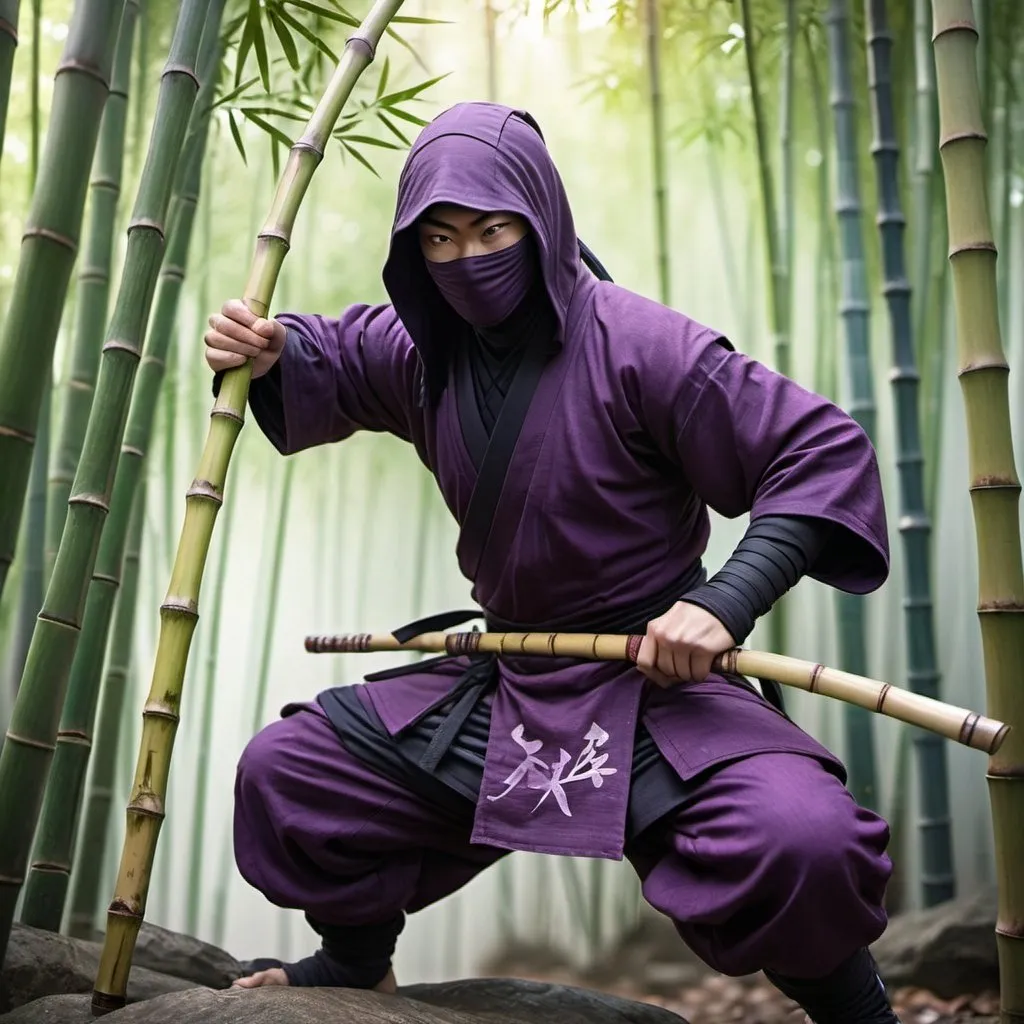 Prompt: Ninja in purple, holding spear, bamboo forest, detailed ninja attire, dynamic pose, high quality, realistic, traditional, muted tones, dappled sunlight