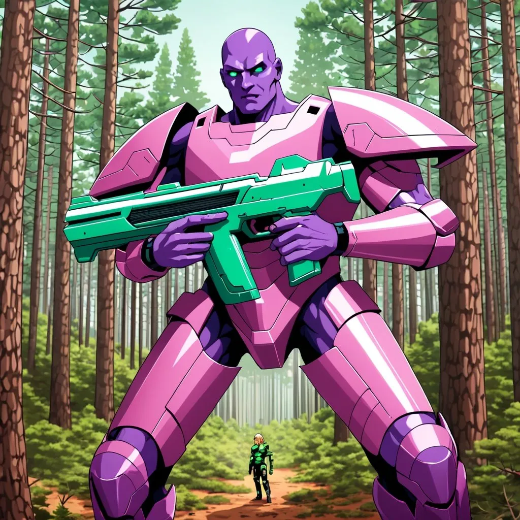 Prompt: Giant man with yellow hair purple skin green eyes wearing pink body armour carrying futuristic gun in pine forest 