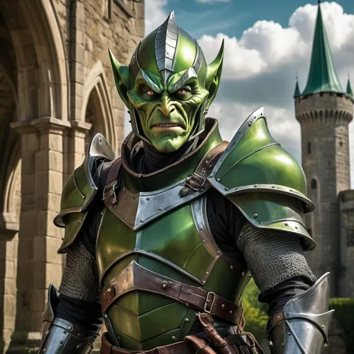 Prompt: (Green Goblin as medieval knight), impressive armor, detailed helmet, menacing expression, dynamic pose, lush green colors, intriguing mix of traditional and fantasy themes, impressive backdrop of a medieval castle, swirling clouds, dramatic lighting casting shadows, epic atmosphere, high quality, ultra-detailed, cinematic depth.