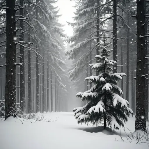 Prompt: A stunning black and white photograph capturing a serene snow-covered pine forest, where tall trees stand majestically, their boughs heavy with fresh snow. The soft, diffused light filters through the branches, creating an ethereal glow that contrasts the shadows lurking in the depths of the forest. A gentle snowfall permeates the scene, each flake delicately descending, accentuating the tranquil atmosphere. The ground is blanketed in a thick layer of untouched snow, leaving behind a pristine canvas that sparkles as the faint winter sun tries to break through the clouds. In the foreground, a lone pine tree leans slightly, as if whispering secrets of the woods, its textured bark visible under the snowy blanket. This composition will embody the stillness and quiet majesty of a winter’s day in the heart of a pine forest.