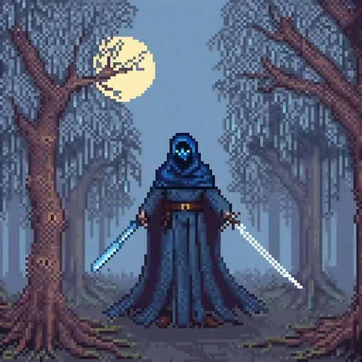 Prompt: Faceless spectre with glowing eyes, long blue cloak, holding sword, standing in fog, dead trees, blue full moon, high quality, detailed, haunting, eerie, dark tones, mysterious lighting