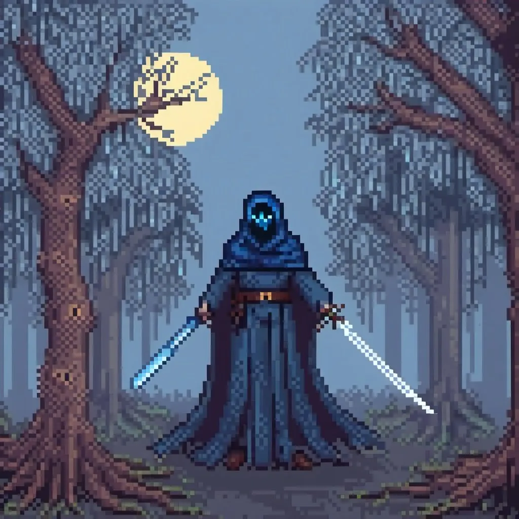 Prompt: Faceless spectre with glowing eyes, long blue cloak, holding sword, standing in fog, dead trees, blue full moon, high quality, detailed, haunting, eerie, dark tones, mysterious lighting