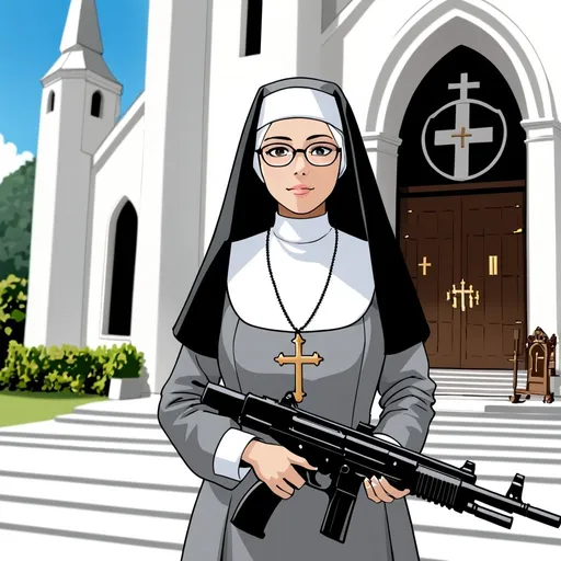 Prompt: Beautiful phillipino catholic nun wearing glasses and grey uniform holding submachine gun in front of church 