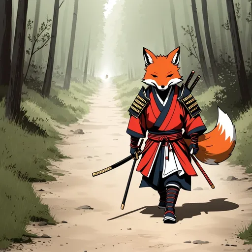 Prompt: Red fox samurai walking dusty path