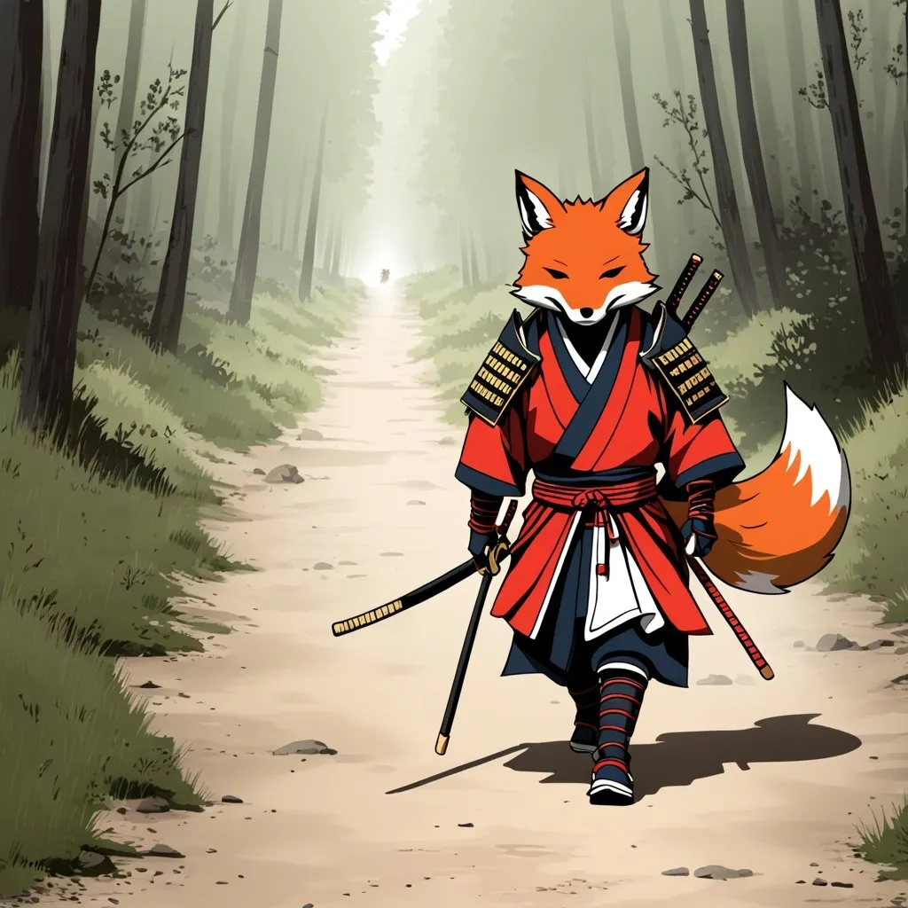 Prompt: Red fox samurai walking dusty path