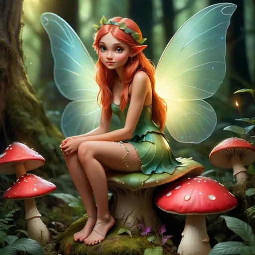 Prompt: Beautiful female fairy, sitting on a toadstool, lush forest backdrop, magical fairy wings, ethereal and glowing, fantasy illustration, vibrant and enchanting, detailed features, high quality, fantasy, fairy, toadstool, forest, magical, ethereal, vibrant, detailed, enchanting, woodland, atmospheric lighting