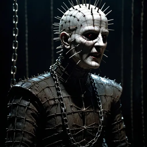 Prompt: Pinhead from Hellraiser near Leviathan, horror sculpture, eerie atmosphere, dark tones, high quality, realistic, detailed chains, menacing presence, dark, gothic, intricate details, atmospheric lighting, shadowy depth, professional rendering