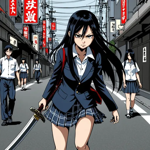 Prompt: Japanese school girl assassin with long black hair with sword in Tokyo 