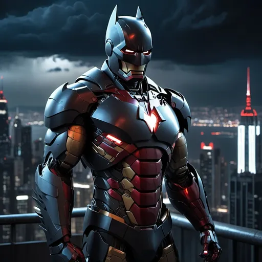 Prompt: (Batman Iron Man mashup), high-tech futuristic suit, Gotham cityscape at night, blend of (dark black) tones with (metallic red) highlights, cool tone lighting, dramatic shadows, sleek armor design, high-detail textures, intense and enigmatic atmosphere, stormy clouds in the background, glowing city lights, ultra-detailed, (cinematic masterpiece), (4K resolution)