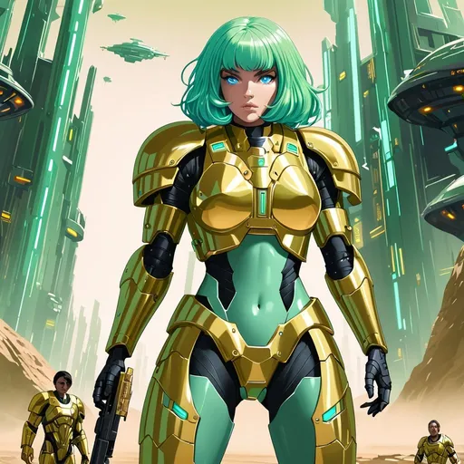 Prompt: Giant woman green hair light blue eyes light green body armour golden pistol in Sci fi setting 