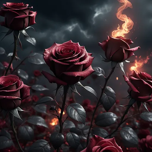 Prompt: Pyre of black roses, eerie atmosphere, flickering flames licking upward, soft shadows dancing against a darkened sky, intricate details of each rose petal cleverly refined, poetic and haunting elegance, deep crimson glow illuminating the scene, whispering winds echoing softly, high contrast imagery, mystical and dramatic ambiance, ultra-detailed, 4K quality.