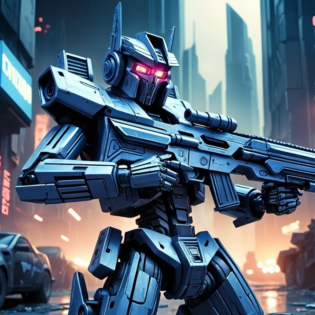 Prompt: G1 Mirage on Cybertron, futuristic rifle, ultra-detailed, sci-fi, cyberpunk, robotic design, sleek and metallic, intense and focused gaze, high-tech cityscape, cool tones, atmospheric lighting, highres, professional, detailed reflections, futuristic setting