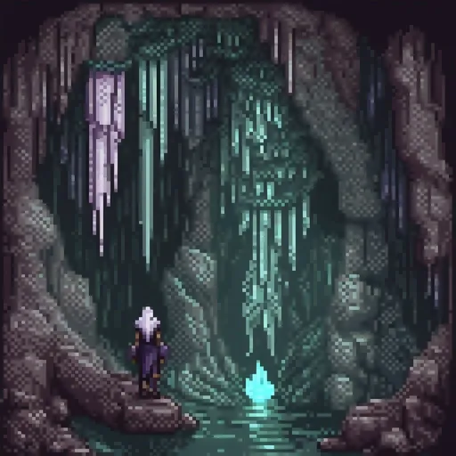 Prompt: Dark elf walking through a mystical cave, intricate details, high-res, fantasy, dark tones, mysterious lighting, stalactite and stalagmite cave, elegant and regal, fantasy art, detailed features, ethereal aura, magical atmosphere