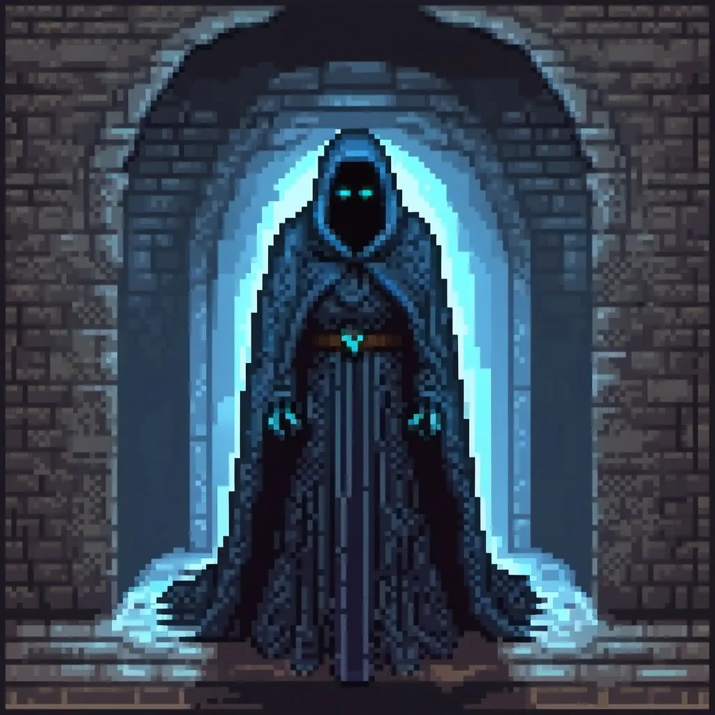 Prompt: Evil faceless spectre in long blue cloak, glowing eyes, sharp claws, stone corridor setting, eerie atmosphere, detailed cloak texture, ghostly apparition, high contrast lighting, best quality, digital art, dark tones, menacing presence, atmospheric shadows