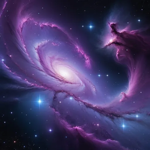 Prompt: (deep space galaxy), vast cosmic expanse, shimmering stars scattered across dark void, ethereal nebulae in vibrant hues of purple and blue, swirling galaxies with glowing centers, distant celestial bodies, mesmerizing stellar formations, radiant light emanating, high-resolution 4K, captivating cosmic ambiance, tranquil yet awe-inspiring atmosphere, exploring the mysteries of the universe.