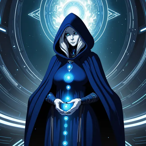 Prompt: Beautiful elder giant lady psychic wearing dark blue hood and robe in scifi setting 
