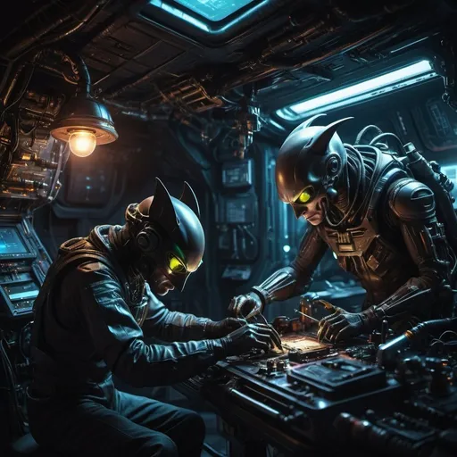 Prompt: Bat alien mechanic working on spacecraft, mechanical tools, dark and moody, sci-fi, futuristic, highres, detailed, alien tech, industrial setting, glowing neon accents, intense and focused, metallic sheen, otherworldly atmosphere, atmospheric lighting, cool tones, cyberpunk aesthetic