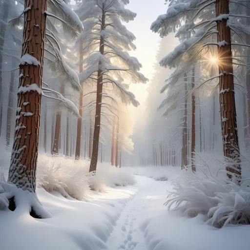 Prompt: A tranquil, snow-covered pine forest stretches across the scene, tall, majestic trees cloaked in a thick layer of pristine white powder. Soft, diffused light filters through the boughs, casting a gentle, ethereal glow on the ground below where delicate snowflakes continue to fall. The air is crisp and invigorating, with a slight whisper of wind that beckons the scattered flakes into graceful dances. In the heart of the forest, a narrow path winds through the trees, inviting exploration. A single lantern hangs from a low branch, its soft, warm glow contrasting beautifully with the cool blues and whites of the winter landscape. This enchanting moment captures the serene beauty of nature, evoking a sense of peace and wonder. Ideal for a dreamy watercolor illustration, the scene invites viewers to lose themselves in its winter wonderland.