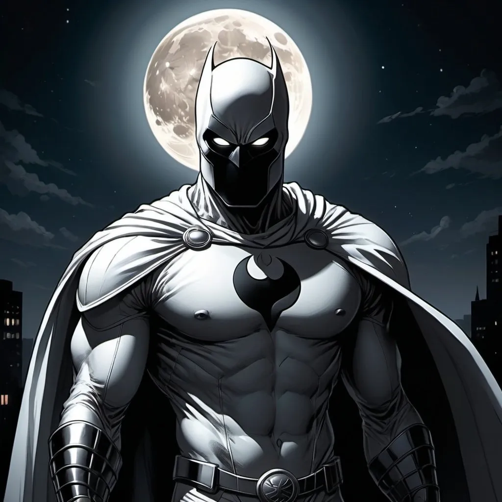 Prompt: Moon Knight superhero, detailed moon, moonlight casting shadows, comic book style, high quality, intense gaze, night setting, superhero costume, atmospheric lighting, detailed cape, professional art style, dramatic shadows, high resolution, comic book, cool tones, moonlit night