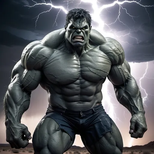 Prompt: Grey Hulk in a desert at night during a lightning storm, detailed muscles, comic book style, dramatic contrast, moody lighting, high quality, thunderstorm, superhero, muscular physique, intense gaze, stormy weather, desert landscape, night scene, lightning bolts, cool tones, professional, atmospheric lighting