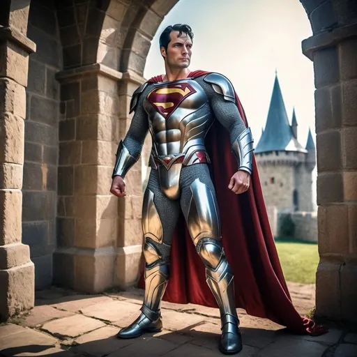 Prompt: Superman as a knight in shining armor, steel material, medieval castle backdrop, powerful and heroic stance, high quality, realistic, medieval, heroic, steel armor, powerful aura, vibrant colors, dramatic lighting