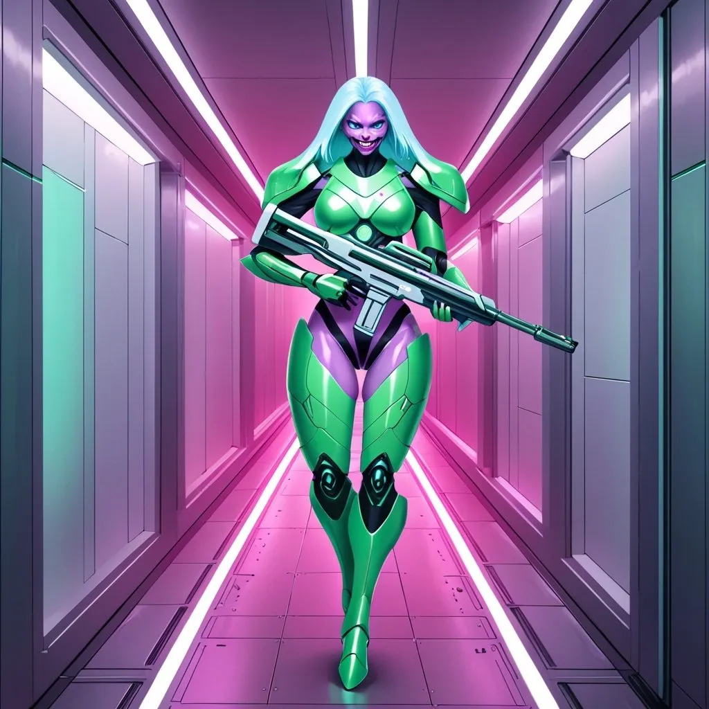 Prompt: Giant woman with evil grin with light blue hair purple eyes pink skin wearing light green body armour carrying futuristic rifle in futuristic corridor 