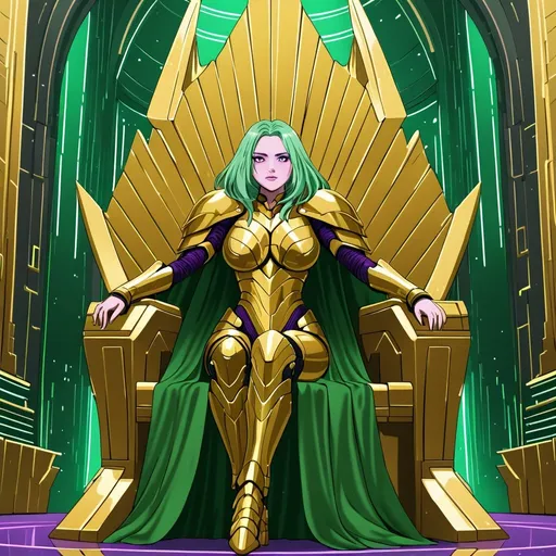 Prompt: Giant woman green hair purple eyes wearing golden body armour wearing green cape in golden Sci fi throne room 