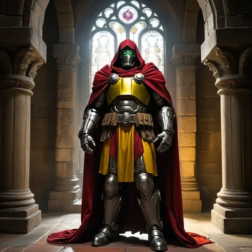 Prompt: (Dr. Doom in red and yellow armor), inside a grand castle, ornate stone walls, dimly lit with flickering torchlight, shadows adding a sense of mystery, intricate gothic architecture, captivating ambiance, dramatic lighting, (highly detailed), bold colors, evokes a powerful and imposing figure, cinematic atmosphere, meticulous design elements throughout the scene, ultra-detailed.