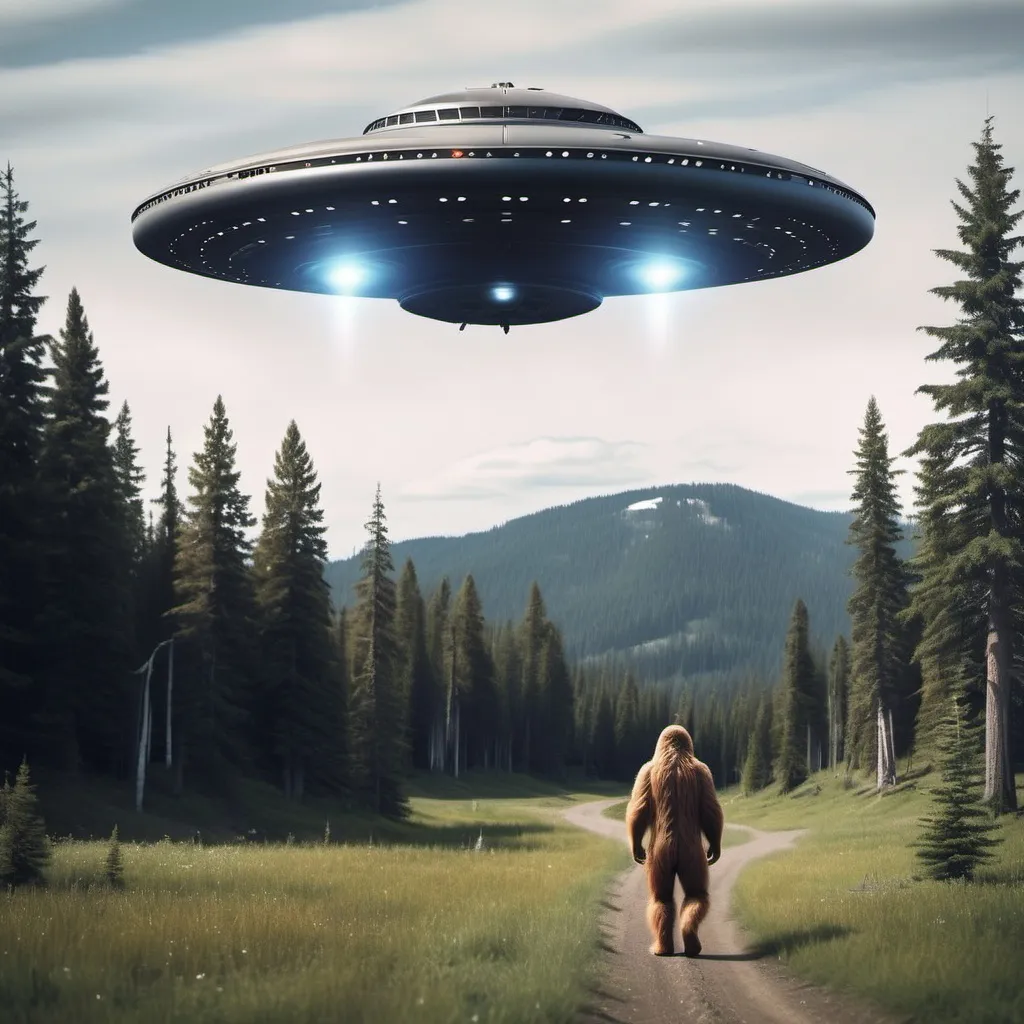Prompt: UFO hovering above sasquatch.