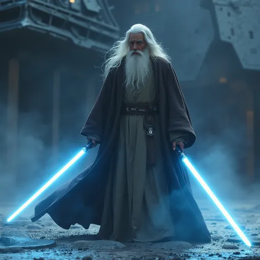 Prompt: Envision a scene aboard a massive Star Destroyer, its dark metallic surfaces glimmering under the oppressive glow of distant stars. The old, wise Jedi stands at the forefront, his long white hair and beard flowing like ethereal ribbons in the cold air, illuminated by the soft blue light emitted from his dual-wielded sabers. With a serene expression, he balances the weight of wisdom and power, his robes fluttering gently as if caught in an unseen breeze. The backdrop is filled with the imposing structure of the Star Destroyer, casting deep shadows, while wisps of smoke curl elegantly through the air, hinting at a fierce battle nearby. The atmosphere is tense yet tranquil, capturing the very essence of a legendary guardian at the cusp of an epic confrontation. Artistic style: cinematic lighting, photorealistic.