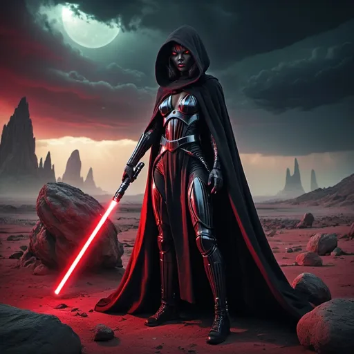 Prompt: (Female alien Sith Lord), glowing red eyes, wearing a (black hood and cape), holding a (red lightsaber), standing on a (hostile alien planet) with jagged rocks and eerie colors, a dramatic sky filled with dark clouds, atmospheric tension, vibrant alien flora pulsating, illuminated by the lightsaber's glow, mysterious and ominous ambiance, (ultra-detailed) and (dramatic) lighting.