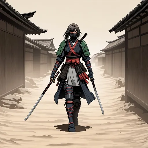 Prompt: Female samurai bounty hunter walking through dusty pathway