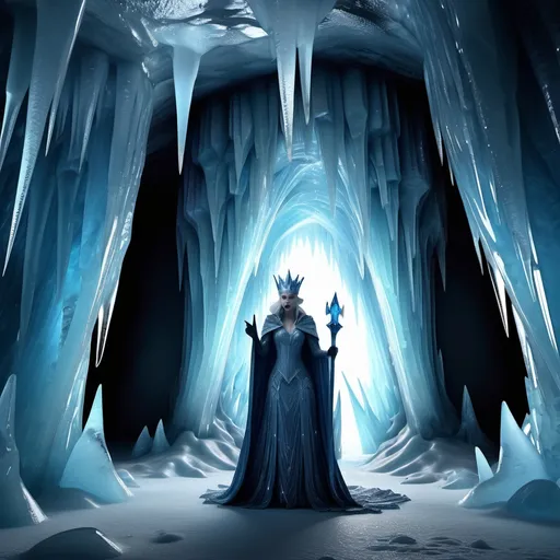 Prompt: (Evil Ice King and Evil Ice Queen), inside a mystical (ice cave), luminous blue and silver hues, dramatic icy formations, shimmering crystal textures, moody and chilling atmosphere, sinister expressions, atmospheric haunting glow, sharp icicles and frosted walls, captivating details, stunningly high quality, (4K), ultra-detailed, magical yet ominous backdrop, spectral ice light reflecting off surfaces.