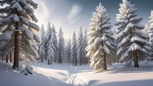 Prompt: Heavily snow covered pine trees, snowy landscape, winter wonderland, high quality, realistic, snowy pine forest, detailed snow textures, serene atmosphere, cool tones, natural lighting