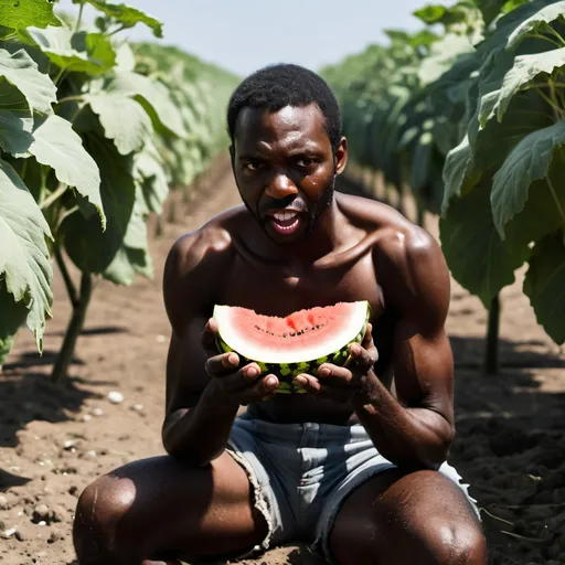 Prompt: Black man slave eating a watermelon on cotton plantation 