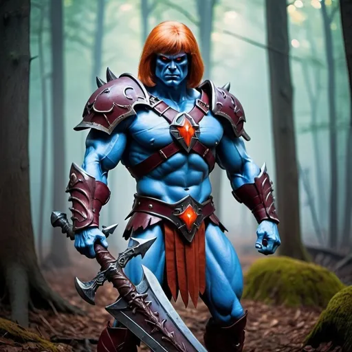 Prompt: He-man with blue skin, red eyes, maroon hair, orange armor and battle axe in a creepy forest, high quality, detailed, fantasy, eerie lighting, mysterious atmosphere