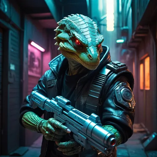 Prompt: Reptilian bounty hunter with laser gun in futuristic back alley, detailed reptilian scales, cybernetic enhancements, intense and focused gaze, high-tech laser gun, futuristic urban setting, cool tones, cyberpunk style, atmospheric lighting, highres, ultra-detailed
