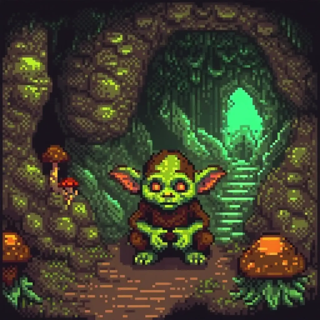 Prompt: Goblin in cave, digital painting, eerie atmosphere, glowing mushrooms, detailed goblin features, high quality, mystical, dark tones, atmospheric lighting