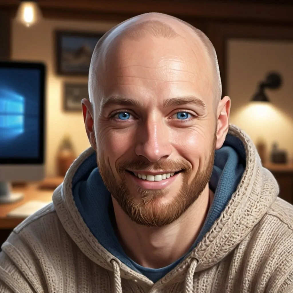 Prompt: Smiling bald man with blue eyes and beard, computer, hooded sweater, detailed facial features, digital illustration, cozy indoor setting, high quality, realistic, warm lighting, detailed beard, detailed eyes, comfortable, casual attire, professional digital art, indoor, relaxed atmosphere