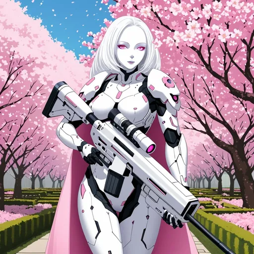 Prompt: Giant woman with white hair white skin pink eyes white body armour carrying futuristic sniper rifle in cherry blossom garden 
